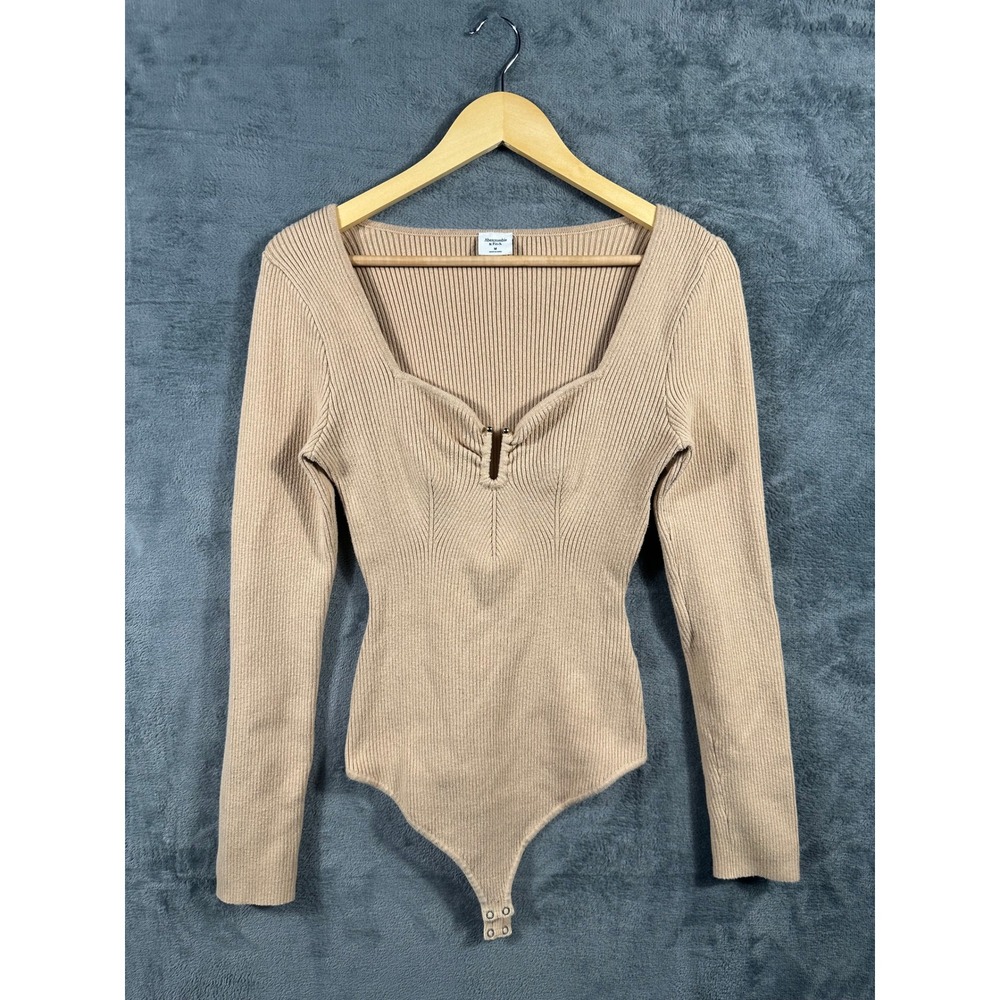 Abercrombie & Fitch Tan Ribbed Sweetheart Keyhole Long Sleeve Bodysuit Medium